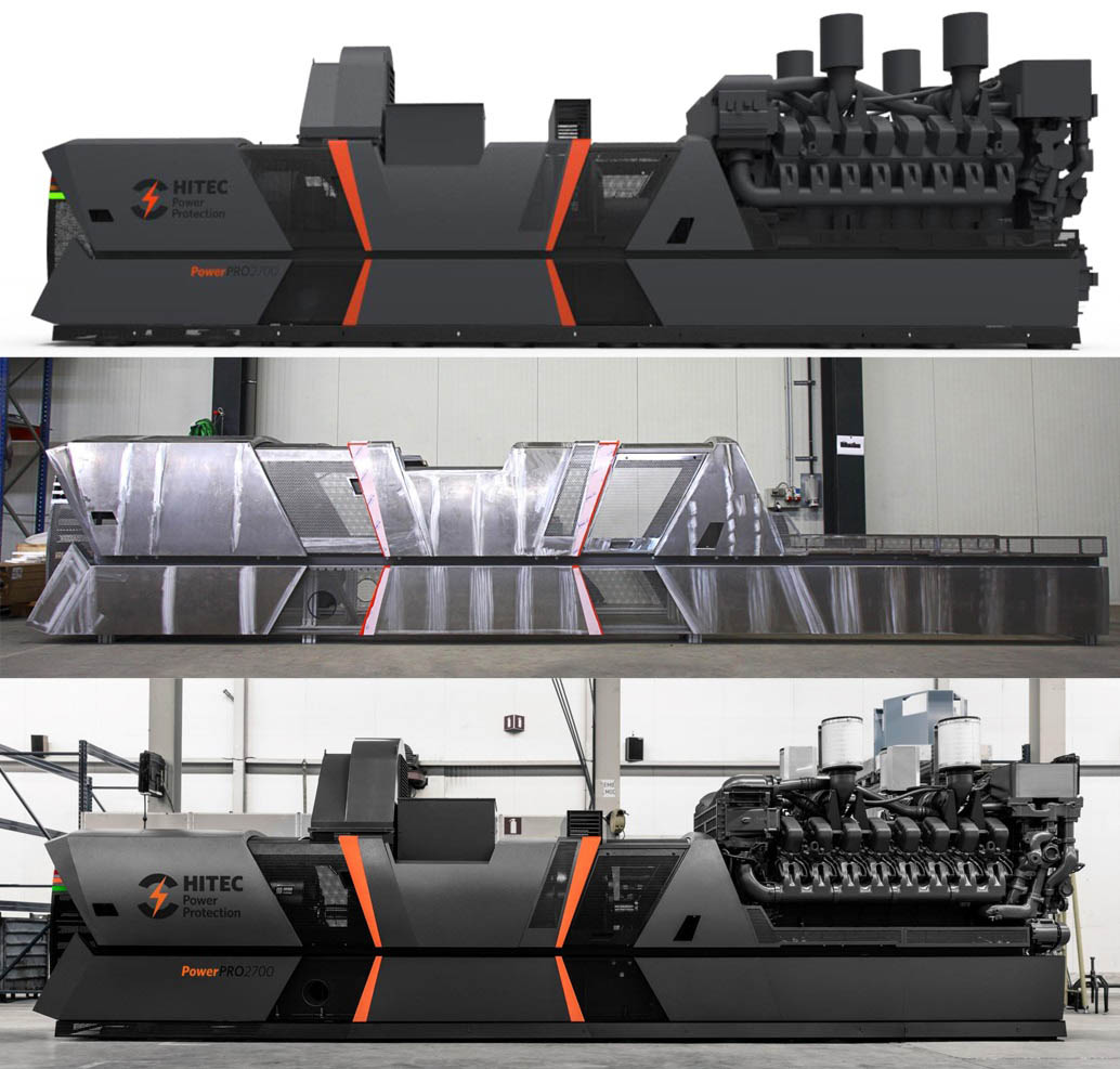 Process of the Hitec Power PRO2700 showing the rendering, the bare metal housing and the completed design housing.